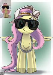 Size: 2480x3508 | Tagged: safe, alternate version, artist:ostarbito, derpibooru import, fluttershy, pegasus, pony, backwards ballcap, baseball cap, cap, caption, chains, chest fluff, female, green background, green eyes, hat, image macro, long tail, looking at you, mare, photo, pink mane, reference, simple background, smug, speech bubble, spread wings, standing, sunglasses, tail, text, thug, thug life, wings, yellow coat