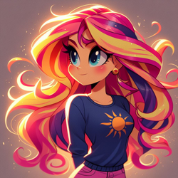 Size: 1024x1024 | Tagged: safe, ai content, derpibooru import, generator:stable diffusion, machine learning generated, sunset shimmer, human, equestria girls, g4, female, looking at something, prompter:rainbowsonicart, solo