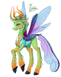 Size: 2400x3000 | Tagged: safe, artist:redlaserartist, derpibooru import, thorax, changedling, changeling, g4, blushing, king thorax, knee blush, lidded eyes, male, raised hooves, signature, simple background, smiling, solo, spread wings, tail, white background, wings