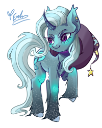 Size: 2400x3000 | Tagged: safe, artist:redlaserartist, derpibooru import, trixie, pony, unicorn, g4, blushing, clothes, cutie mark eyes, ear piercing, female, hat, horn, horn pattern, knee blush, mare, piercing, raised hoof, raised leg, signature, simple background, smiling, solo, tail, trixie's hat, unshorn fetlocks, white background, wingding eyes