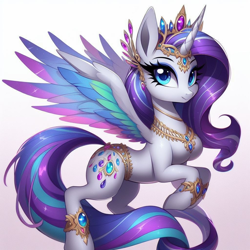 Size: 1024x1024 | Tagged: safe, ai content, derpibooru exclusive, derpibooru import, machine learning generated, rarity, alicorn, pony, g4, alicorn horn, alicornified, alternate cutie mark, alternate hairstyle, alternate universe, arm hooves, blushing, breasts, chestbreasts, collar, colored wings, crown, cutie mark, female, generator:copilot, horn, jewelry, long mane, long tail, mare, multicolored mane, multicolored wings, race swap, raricorn, raritits, regalia, slender, stars, tail, thin, wings