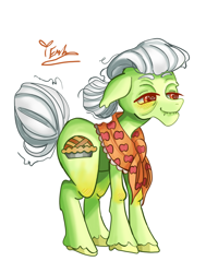 Size: 2400x3000 | Tagged: safe, artist:redlaserartist, derpibooru import, granny smith, earth pony, pony, g4, bags under eyes, blushing, clothes, cutie mark eyes, female, knee blush, lidded eyes, mare, scarf, signature, simple background, smiling, solo, tail, unshorn fetlocks, white background, wingding eyes