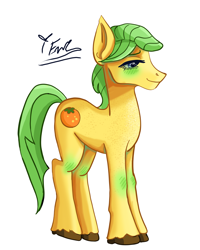 Size: 2400x3000 | Tagged: safe, artist:redlaserartist, derpibooru import, mosely orange, uncle orange, earth pony, pony, g4, blushing, cutie mark eyes, knee blush, lidded eyes, male, signature, simple background, solo, stallion, tail, unshorn fetlocks, white background, wingding eyes