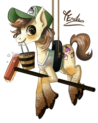 Size: 2400x3000 | Tagged: safe, artist:redlaserartist, derpibooru import, hayseed turnip truck, earth pony, pony, g4, blushing, broom, bucket, clothes, coat markings, cutie mark eyes, dappled, hanging, hat, knee blush, male, mouth hold, shirt, signature, simple background, smiling, solo, stallion, tail, unshorn fetlocks, white background, wingding eyes