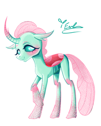 Size: 2400x3000 | Tagged: safe, artist:redlaserartist, derpibooru import, ocellus, changedling, changeling, g4, blushing, concave belly, curved horn, female, horn, knee blush, looking at you, raised hoof, raised leg, signature, simple background, skinny, smiling, smiling at you, solo, tail, thin, white background