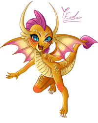 Size: 2400x3000 | Tagged: safe, artist:redlaserartist, derpibooru import, smolder, dragon, g4, blushing, claws, dragoness, female, knee blush, looking at you, open mouth, open smile, scales, signature, simple background, smiling, solo, spread wings, tail, white background, wings