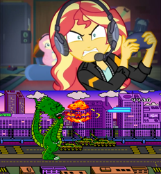 Size: 1280x1378 | Tagged: safe, derpibooru import, fluttershy, sunset shimmer, better together, equestria girls, g4, game stream, angry, bart simpson, bart's nightmare, exploitable meme, female, male, meme, reaction image, super nintendo, the simpsons, video game