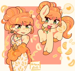 Size: 1908x1795 | Tagged: safe, artist:kiiteaa, derpibooru import, aunt orange, earth pony, human, pony, g4, beauty mark, blush scribble, blushing, clothes, dress, female, food, heart tongue, humanized, mare, open mouth, open smile, orange, orange slices, pony coloring, raised hoof, raised leg, signature, smiling, solo, stars, tail, unshorn fetlocks