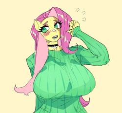 Size: 2283x2120 | Tagged: safe, artist:drizzlingprince, derpibooru import, fluttershy, anthro, pegasus, g4, big breasts, blushing, breasts, choker, clothes, cute, emanata, female, hootershy, huge breasts, long hair, long sleeves, looking away, open mouth, playing with hair, plewds, shy, shyabetes, simple background, solo, sweat, sweatdrops, sweater, sweater puppies, sweatershy