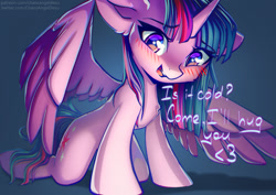 Size: 1323x935 | Tagged: safe, artist:chaosangeldesu, derpibooru import, twilight sparkle, twilight sparkle (alicorn), alicorn, pony, blushing, looking at you, smiling, smiling at you, solo