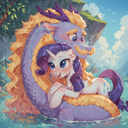 Size: 4096x4096 | Tagged: safe, ai content, artist:venisoncreampie, derpibooru exclusive, derpibooru import, generator:pony diffusion v6 xl, generator:stable diffusion, machine learning assisted, rarity, steven magnet, pony, sea serpent, unicorn, g4, blushing, chest fluff, cloud, cute, digital art, dripping, duo, duo male and female, ear fluff, ears, eyelashes, eyeshadow, female, flowing mane, flowing tail, horns, looking at each other, looking at someone, makeup, male, mare, ocean, open mouth, open smile, request, scales, sky, smiling, smiling at each other, swimming, tail, teeth, water, wet, wet mane