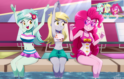 Size: 3034x1934 | Tagged: safe, artist:the-butch-x, derpibooru import, derpy hooves, lyra heartstrings, pinkie pie, equestria girls, g4, i'm on a yacht, spoiler:eqg series (season 2), belly button, bikini, bikini top, clothes, cute, derpabetes, diapinkes, female, grin, lyra heartstrings swimsuit, lyrabetes, one-piece swimsuit, open mouth, pinkie pie swimsuit, scene interpretation, screencap reference, smiling, sunglasses, swimming pool, swimsuit, trio, trio female, trunks, water, yacht