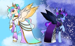 Size: 640x393 | Tagged: safe, artist:edgelords-still-arent-funny, derpibooru import, princess celestia, princess luna, alicorn, pony, g4, bracelet, clothes, cloud, crown, curved horn, ear piercing, female, freckles, hair up, horn, jewelry, peytral, piercing, raised hoof, raised leg, regalia, skirt, sky background, spread wings, standing, stars, wings