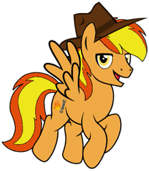 Size: 581x667 | Tagged: safe, artist:noi kincade, derpibooru import, oc, oc:firey ratchet, pegasus, pony, g4, fedora, flying, hat, male, simple background, solo, transparent background