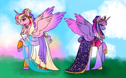 Size: 2048x1258 | Tagged: safe, artist:edgelords-still-arent-funny, derpibooru import, princess cadance, twilight sparkle, twilight sparkle (alicorn), alicorn, pony, g4, blushing, clothes, cloud, crown, dress, freckles, greek clothes, hair up, hoof shoes, horn, jewelry, peytral, raised hoof, raised leg, regalia, skirt, sky background, spread wings, wings