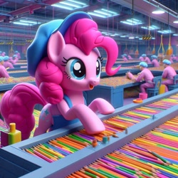 Size: 1024x1024 | Tagged: safe, ai content, derpibooru import, machine learning generated, pinkie pie, earth pony, human, pony, colored pencils, factory, female, prompter:pinkiepiepics, solo, working