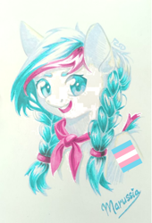 Size: 720x1057 | Tagged: safe, artist:rsd500, edit, oc, oc only, oc:marussia, earth pony, pony, braid, female, looking at you, multicolored hair, nation ponies, ponified, russia, smiling, solo, species swap, traditional art, transgender pride flag