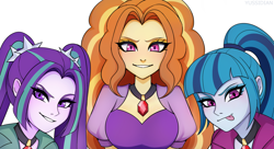 Size: 2304x1256 | Tagged: safe, artist:yussidian, derpibooru import, adagio dazzle, aria blaze, sonata dusk, human, equestria girls, rainbow rocks, female, grin, looking at you, simple background, smiling, smiling at you, the dazzlings, tongue, tongue out, trio, trio female, white background