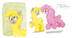 Size: 1393x695 | Tagged: safe, artist:lost marbles, derpibooru import, derpy hooves, pinkie pie, alpaca, alpacafied, dialogue, duo, simple background, species swap, speech bubble, traditional art, watercolor painting, white background