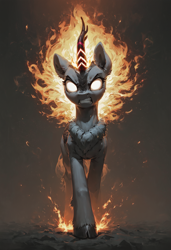 Size: 1248x1824 | Tagged: safe, ai content, derpibooru import, generator:stable diffusion, machine learning generated, kirin, nirik, angry, ear fluff, ears, female, fire, full body, glowing, glowing horn, horn, looking at you, mane of fire, prompter needed, scowl, solo, this will end in pain, white eyes