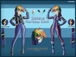 Size: 2500x1875 | Tagged: safe, artist:devillustart, derpibooru import, rainbow dash, oc, oc:rainbow dash(prisoners of the moon), human, equestria girls, g4, boots, clothes, fireheart76's latex suit design, freckles, gloves, humanized, humanized oc, latex, latex boots, latex gloves, latex jacket, latex suit, prisoners of the moon, reference sheet, rubber, rubber boots, rubber suit, shoes