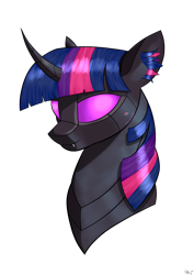 Size: 2480x3508 | Tagged: safe, artist:пшеница, derpibooru exclusive, derpibooru import, twilight sparkle, changeling, robot, bust, changelingified, ear fluff, ears, female, mare, portrait, robot changeling, roboticization, simple background, solo, species swap, transparent background, twibot, twiling