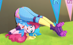 Size: 1200x750 | Tagged: safe, artist:riouku, derpibooru import, pinkie pie, human, equestria girls, friendship games, g4, 2d, ass, balloonbutt, banner, butt, canterlot high, clothes, commission, contortion, contortionist, cute, diapinkes, elbow pads, female, fingerless gloves, flexible, food, gloves, grass, helmet, knee pads, looking at you, open mouth, outdoors, pinkie being pinkie, ponk, roller skates, shorts, silly, skates, smiling, smiling at you, solo, whipped cream