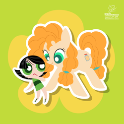 Size: 1920x1920 | Tagged: safe, artist:theratedrshimmer, derpibooru import, pear butter, earth pony, pony, buttercup, buttercup (powerpuff girls), crossover, curly hair, cute, duo, duo female, female, flower, looking at someone, minimalist, name pun, namesake, outline, pun, smiling, the powerpuff girls, visual pun, white outline