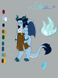 Size: 2448x3264 | Tagged: safe, artist:arcticsaiyan, derpibooru import, oc, oc:glacier the dragon, dragon, belt, bracelet, dragon oc, fire, fur, ice, ice dragon, jewelry, male, necklace, non-pony oc, reference sheet, simple background, solo, tail