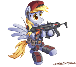 Size: 1600x1400 | Tagged: safe, artist:snoopymg1020, derpibooru import, derpy hooves, pegasus, pony, armor, armored pony, beret, carbine, female, gun, hat, mare, military, military pony, planetside, planetside 2, simple background, soldier, soldier pony, solo, terran republic, this will end in death, this will end in tears, this will end in tears and/or death, weapon, white background