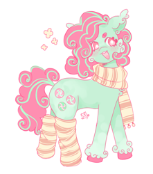 Size: 1500x1700 | Tagged: safe, artist:rulakkuma, derpibooru import, minty, earth pony, pony, g3, alternate design, alternate hairstyle, alternate mane color, alternate tailstyle, beanbrows, blushing, clothes, colored eyebrows, colored hooves, colored pinnae, curly hair, curly mane, curly tail, ear fluff, ear tufts, ears, eyebrows, female, looking away, mare, open mouth, open smile, pink eyes, scarf, signature, simple background, smiling, socks, solo, splotches, standing, striped socks, tail, teeth, two toned mane, two toned tail, unshorn fetlocks, white background, wingding eyes