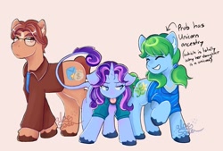 Size: 1375x929 | Tagged: safe, artist:aloe_soda, derpibooru import, earth pony, pony, unicorn, abigail (stardew valley), caroline (stardew valley), clothes, cutie mark, eyes closed, family, father and child, father and daughter, female, glasses, husband and wife, jacket, lidded eyes, looking sideways, male, mare, married couple, mother and child, mother and daughter, parent and child, pierre (stardew valley), ponified, shirt, smiling, species swap, stallion, stardew valley, text, tongue, tongue out
