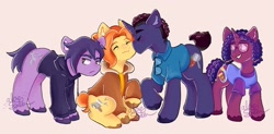 Size: 1670x824 | Tagged: safe, artist:aloe_soda, derpibooru import, earth pony, pony, unicorn, brother and sister, clothes, cutie mark, eyes closed, family, father and child, father and daughter, father and son, female, glasses, hoodie, husband and wife, jacket, kiss on the cheek, kissing, lidded eyes, looking back, male, mare, married couple, mother and child, mother and daughter, mother and son, parent and child, ponified, sebastian (stardew valley), shirt, siblings, sitting, smiling, species swap, stallion, stardew valley