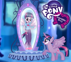 Size: 1766x1538 | Tagged: safe, artist:anyahmed1, derpibooru import, edit, dusk shine, twilight sparkle, twilight sparkle (alicorn), alicorn, pony, equestria girls, g4, alicorn wings, blouse, boots, bowtie, button-up shirt, clothes, crystal mirror, cutie mark on clothes, cutie mark on pants, cutie mark tattoo, equestria guys, logo, logo edit, male, pants, ponied up, pony ears, rule 63, shirt, shoes, solo, tail, tattoo, through the mirror, wings