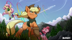 Size: 3200x1800 | Tagged: safe, artist:bl1nky, derpibooru import, applejack, fluttershy, pinkie pie, rainbow dash, earth pony, pegasus, pony, g4, clothes, cloud, cowboy hat, eye clipping through hair, eyebrows, eyebrows visible through hair, female, flying, grass, hat, hoodie, mare, mountain, raised hoof, raised leg, shoes, sky, smiling, sonic rainboom, spread wings, stetson, tree, wings