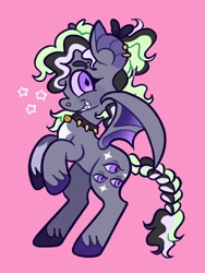 Size: 1536x2048 | Tagged: safe, artist:alexbeeza, derpibooru import, oc, oc only, oc:cryptid, bat pony, pony, bat pony oc, bell, bell collar, bipedal, braid, braided tail, coat markings, collar, colored eyebrows, colored hooves, colored pinnae, colored sclera, colored wings, commission, ear piercing, earring, eyebrow piercing, fangs, jewelry, looking back, multicolored mane, multicolored tail, multicolored wings, nose piercing, piercing, pink background, ponysona, purple eyes, simple background, smiling, solo, spiked collar, standing, stars, tail, tied tail, unshorn fetlocks, wingding eyes, wings