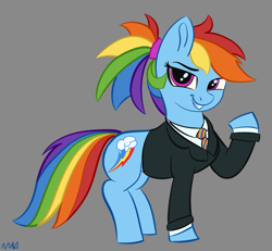 Size: 1301x1200 | Tagged: safe, artist:maonyman, derpibooru import, rainbow dash, pegasus, pony, business suit, clothes, drawthread, female, gray background, looking at you, mare, necktie, ponytail, raised hoof, raised leg, simple background, smiling, smirk, smug, solo, suit