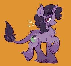 Size: 2048x1916 | Tagged: safe, artist:alexbeeza, derpibooru import, oc, oc only, oc:nebula chaser, unicorn, blushing, brown eyes, chest fluff, coat markings, colored eyebrows, colored hooves, commission, curly hair, curly mane, curly tail, eyebrows, eyebrows visible through hair, eyelashes, facial hair, fangs, horn, leonine tail, lidded eyes, looking back, moustache, open mouth, open smile, orange background, purple mane, purple tail, raised hooves, simple background, smiling, socks (coat marking), solo, standing, starry eyes, stars, tail, tail fluff, unicorn oc, wingding eyes