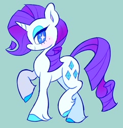 Size: 1976x2048 | Tagged: safe, artist:alexbeeza, derpibooru import, rarity, pony, unicorn, g4, beauty mark, big ears, blue eyes, blushing, colored hooves, colored pinnae, ears, eyelashes, eyeshadow, female, horn, lidded eyes, looking back, makeup, mare, profile, purple mane, purple tail, raised hooves, simple background, smiling, solo, standing, starry eyes, tail, teal background, thick eyelashes, unshorn fetlocks, wingding eyes