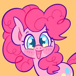 Size: 2048x2048 | Tagged: safe, artist:alexbeeza, derpibooru import, pinkie pie, earth pony, pony, g4, big ears, blue eyes, blushing, colored pinnae, curly hair, curly mane, ears, eyebrows, eyebrows visible through hair, eyelashes, female, looking at you, mare, open mouth, open smile, orange background, pink mane, pink tail, simple background, smiling, smiling at you, solo, starry eyes, tail, wingding eyes