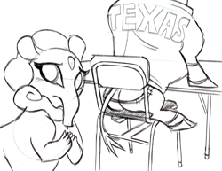 Size: 1402x1080 | Tagged: safe, derpibooru import, nidra (tfh), texas (tfh), bull, tapir, them's fightin' herds, butt, chair, clothes, community related, jacket, monochrome, plot, table