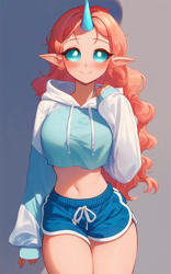 Size: 640x1024 | Tagged: safe, ai content, derpibooru import, editor:sammykun, generator:purplesmart.ai, generator:stable diffusion, machine learning generated, ocellus, human, belly button, blushing, breasts, busty ocellus, clothes, cropped, cute, diaocelles, elf ears, female, hoodie, horn, horned humanization, humanized, long hair, long sleeves, looking at you, midriff, older, older ocellus, oversized clothes, prompter:sammykun, shadow, shorts, simple background, smiling, solo, thighs