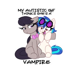 Size: 1478x1349 | Tagged: safe, artist:lbrcloud, derpibooru import, dj pon-3, octavia melody, vinyl scratch, earth pony, pony, undead, unicorn, vampire, g4, autism, cute, duo, duo female, fake teeth, fangs, female, glasses, glasses on head, imminent biting, lesbian, octavia is not amused, open mouth, open smile, scratchtavia, shipping, simple background, sitting, smiling, text, unamused, vinyl the vampire, white background