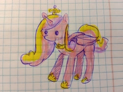 Size: 2048x1542 | Tagged: safe, artist:enjoy_mayer, derpibooru import, princess cadance, alicorn, pony, g4, crown, cute, dot eyes, female, hoof shoes, irl, jewelry, lined paper, mare, marker drawing, multicolored hair, multicolored mane, paper, photo, princess shoes, regalia, solo, traditional art