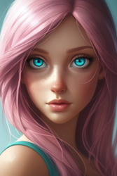 Size: 1024x1536 | Tagged: safe, ai content, derpibooru import, machine learning generated, fluttershy, human, g4, bust, female, freckles, generator:stable cascade, gradient background, humanized, looking at you, portrait, prompter:pawels, realistic, shoulder, solo