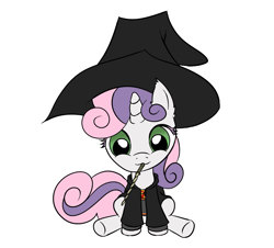 Size: 1015x918 | Tagged: safe, artist:annonymouse, derpibooru import, sweetie belle, pony, unicorn, crossover, cute, diasweetes, fanfic art, female, filly, foal, gryffindor, harry potter (series), hat, magic wand, mouth hold, simple background, sitting, solo, white background, witch hat