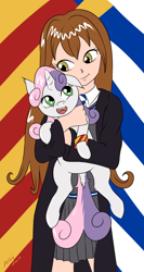 Size: 1976x3717 | Tagged: safe, artist:annonymouse, derpibooru import, sweetie belle, oc, oc:zwei gemini, human, pony, unicorn, crossover, fanfic art, female, filly, foal, gryffindor, harry potter (series), high res, holding a pony, hug, hugging a pony, human oc, one ear down, open mouth, open smile, ravenclaw, smiling