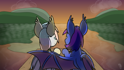 Size: 5120x2880 | Tagged: safe, artist:japkozjad, derpibooru import, oc, oc only, oc:dreamyway skies, oc:nightstaroc, bat pony, bat pony oc, bat wings, female, female oc, hug, lake, looking forward, mare, scenery, shading, sitting, sunset, water, winghug, wings