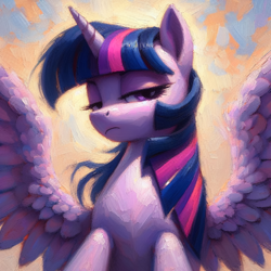 Size: 2048x2048 | Tagged: safe, ai content, derpibooru import, generator:bing image creator, generator:dall-e 3, machine learning generated, twilight sparkle, twilight sparkle (alicorn), alicorn, pony, disappointed, looking at you, oil painting, prompter:krivovyaz, serious, serious face, simple background, solo, spread wings, traditional art, wings