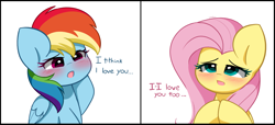 Size: 8143x3708 | Tagged: safe, artist:kittyrosie, derpibooru import, fluttershy, rainbow dash, pegasus, pony, blush lines, blushing, confession, cute, dashabetes, female, flutterdash, i love you, lesbian, mare, open mouth, shipping, shyabetes, simple background, text, weapons-grade cute, white background